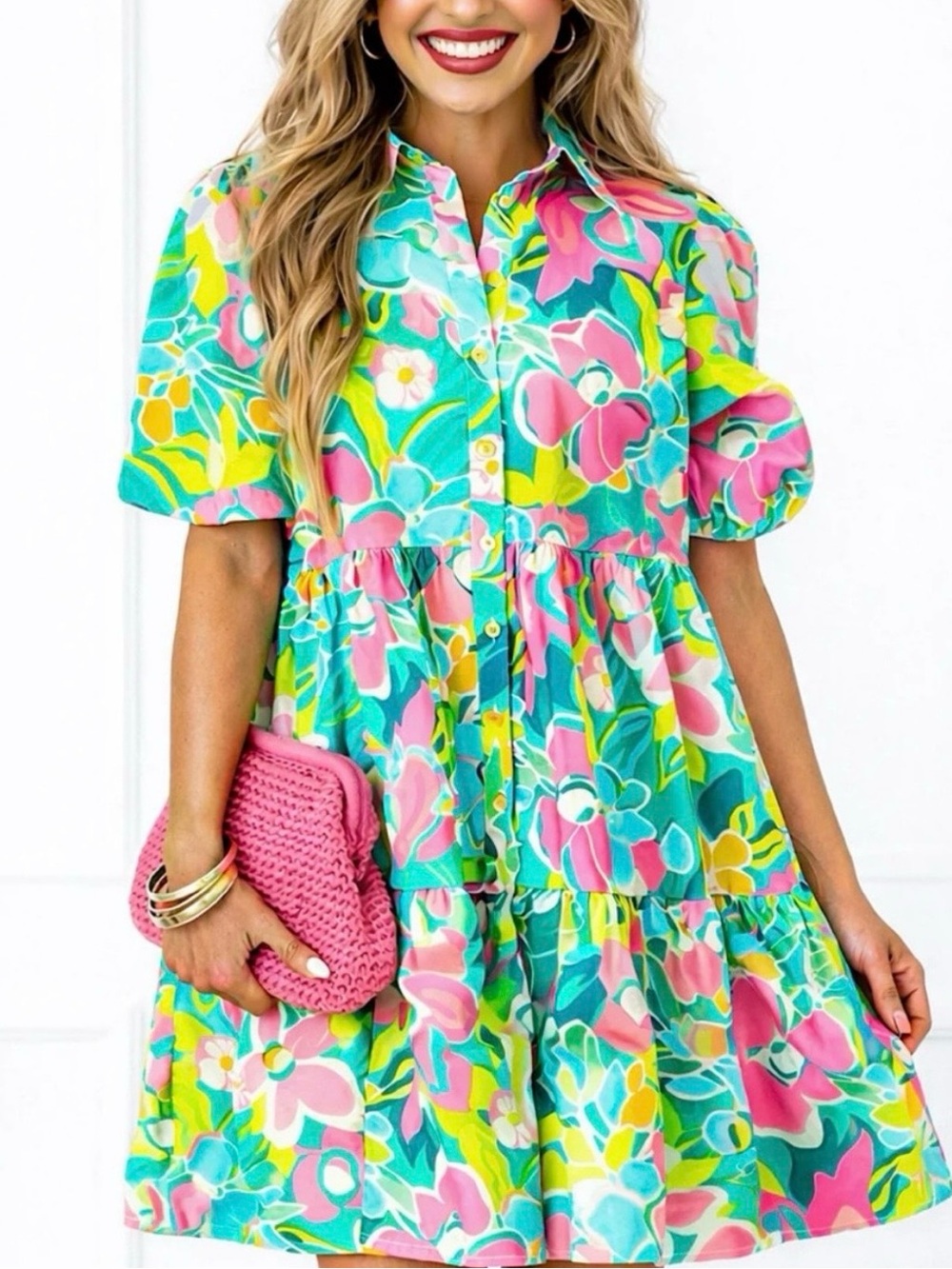 Boutique Vibrant Floral Button-Down Dress